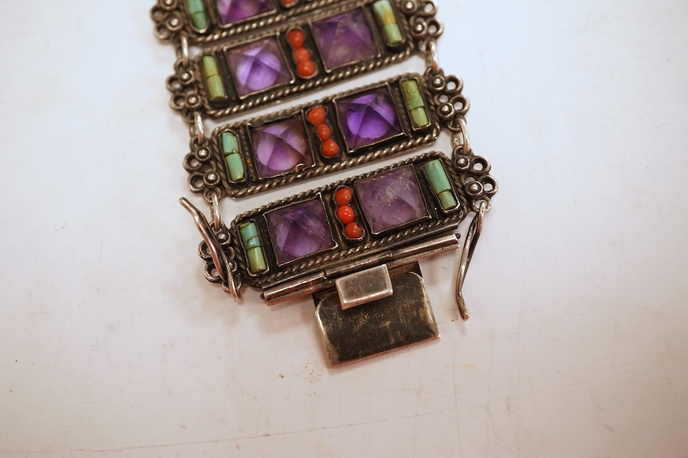 Matl Salas, a rare amethyst, coral and turquoise bracelet, Mexico, mid 20th century, composed of rectangular links set with pyramidal amethysts, coral cabochons and cylindrical turquoise beads, connected at each end by w